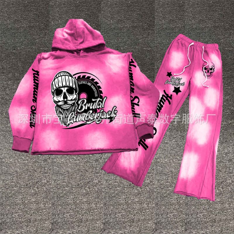 Spray Monkey Washed Pure Cotton Hoodie and Sweatpants Set Custom Vintage American Wash Waterless Hem Hoodie with LOGO Print