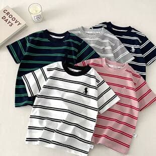 Boys Cotton Striped T-Shirt Top, Kids Summer Wear, Baby Short Sleeve, New 2025 Summer Striped Contrast Color T-Shirt