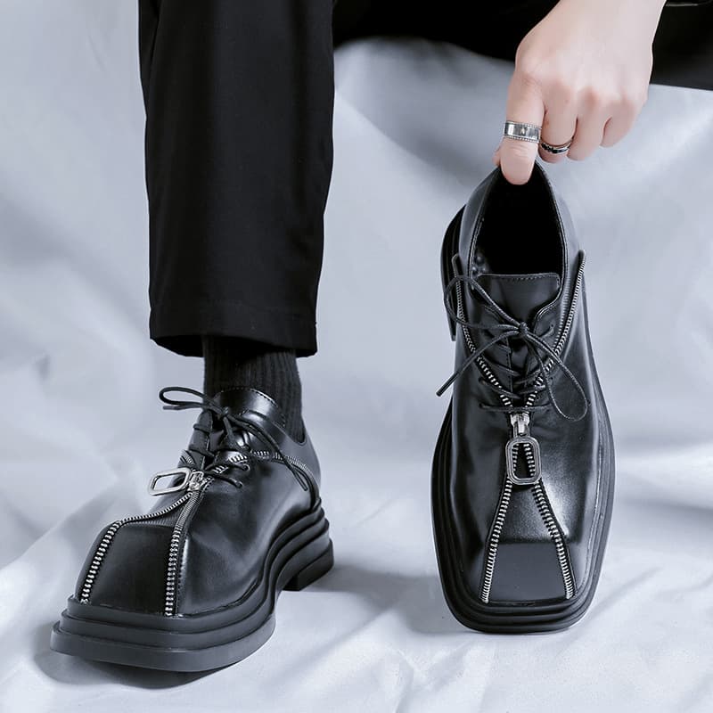 2024 Niche Men's Shoes Thick Sole Square Toe Leather Shoes Men Height Increase Punk Personality Zipper Design Trendy Shoes 60702-R