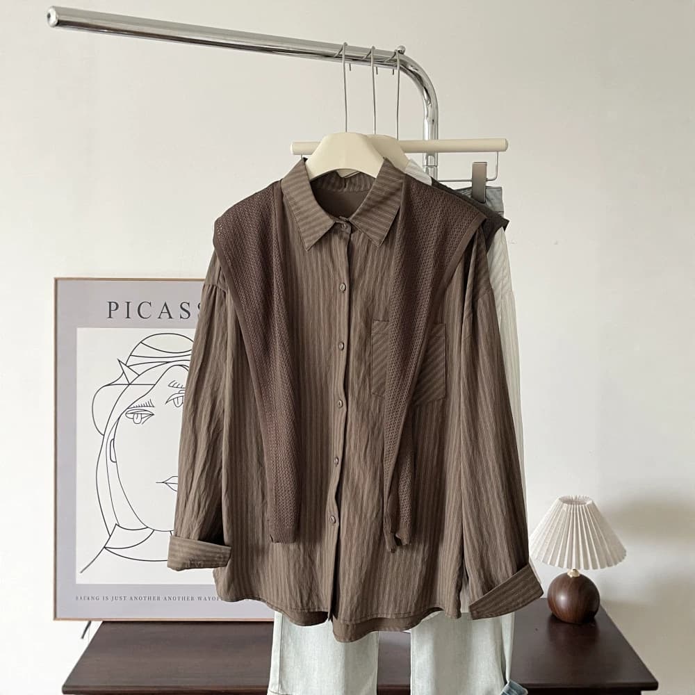 French Brown Striped Patchwork Long-Sleeve Shirt for Women 2026 Autumn New Design Commuter Casual Blouse 7692
