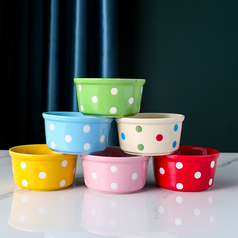 Creative ceramic soufflé baking bowl, polka dot pudding cup, household high temperature resistant tableware baking cup, steamed cake dessert bowl