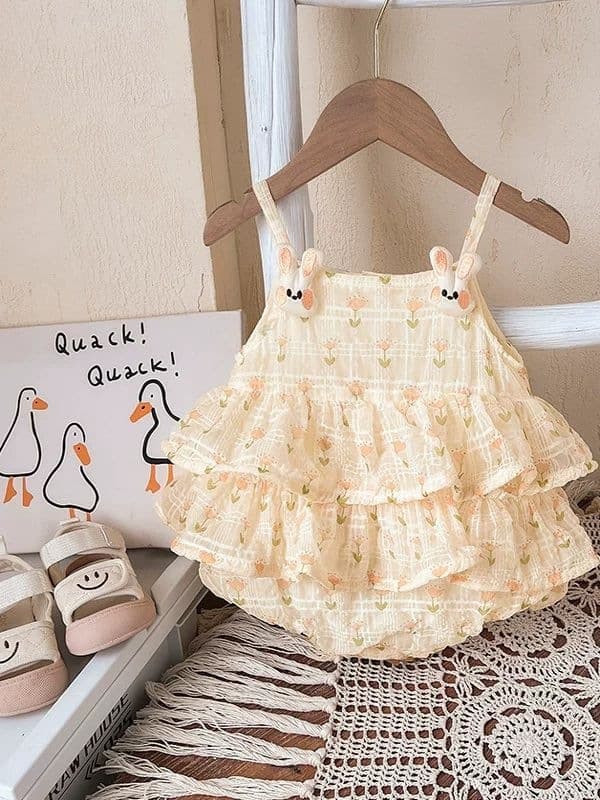 Baby Girl Sleeveless Dress 2026 Summer Pink Bunny Strappy Vest Dress Princess Skirt