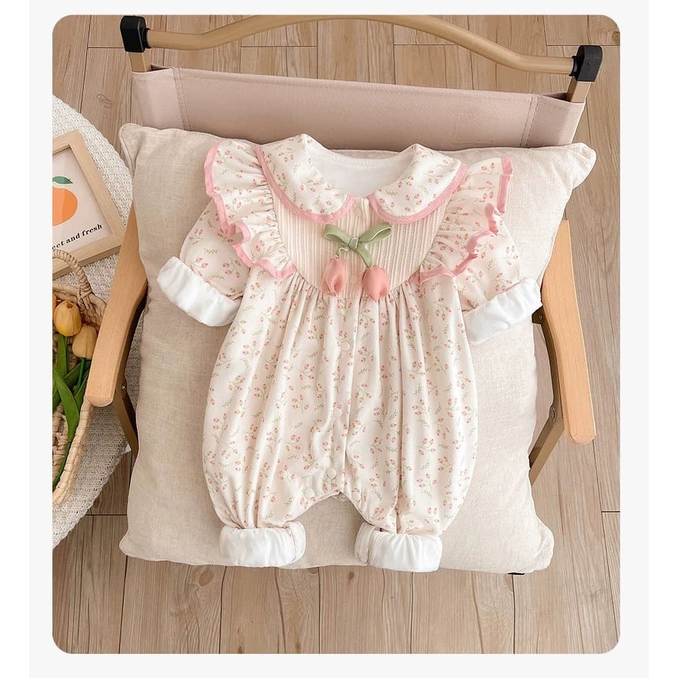 Infant and toddler spring and autumn sweet tulip double-layer jumpsuit for baby girl full month and one year old, princess dress, fashionable outing clothing