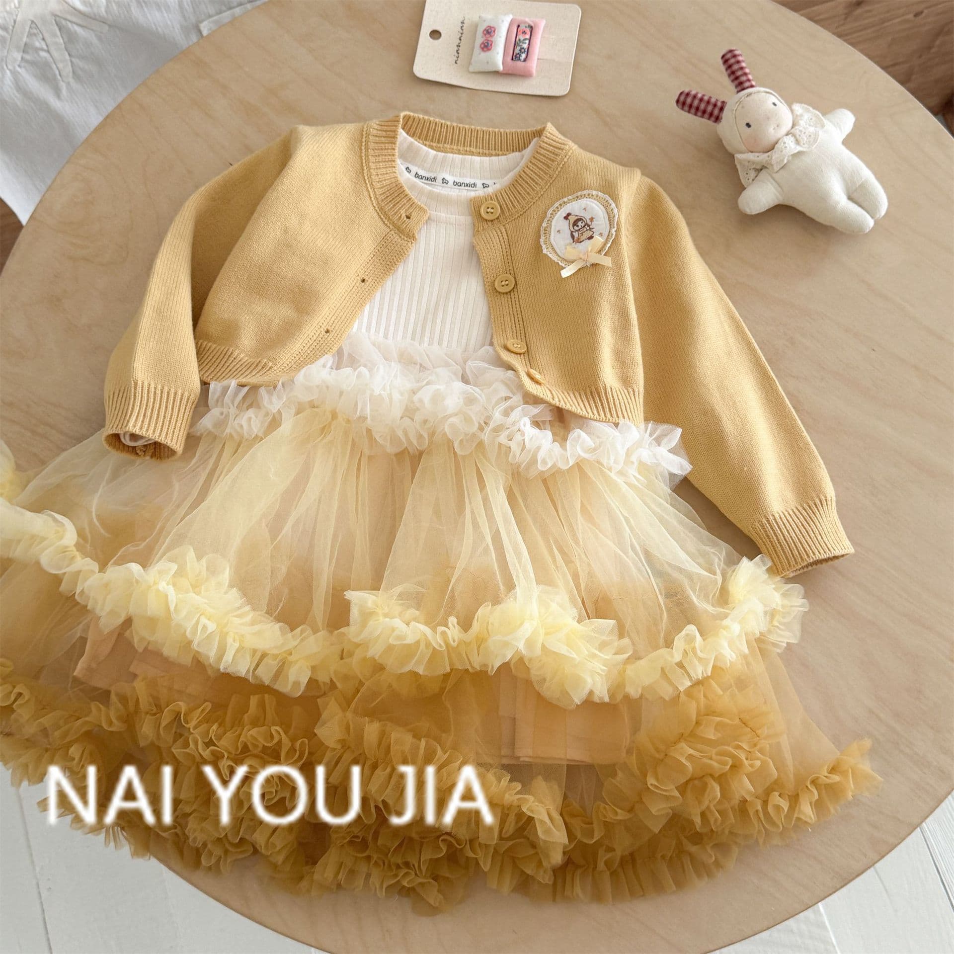 Cream girls dress suit autumn sweet knitted cardigan princess cake dress baby one-year-old dress cross-border