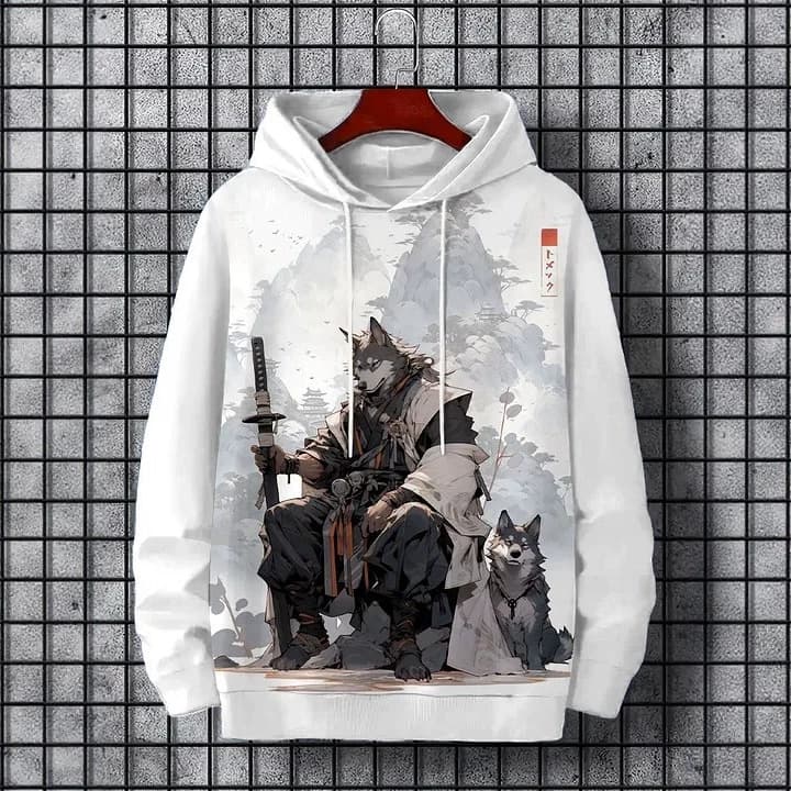 New Chinese style ink style samurai wolf print hoodie spliced hooded sweatshirt for men loose versatile trendy warm top