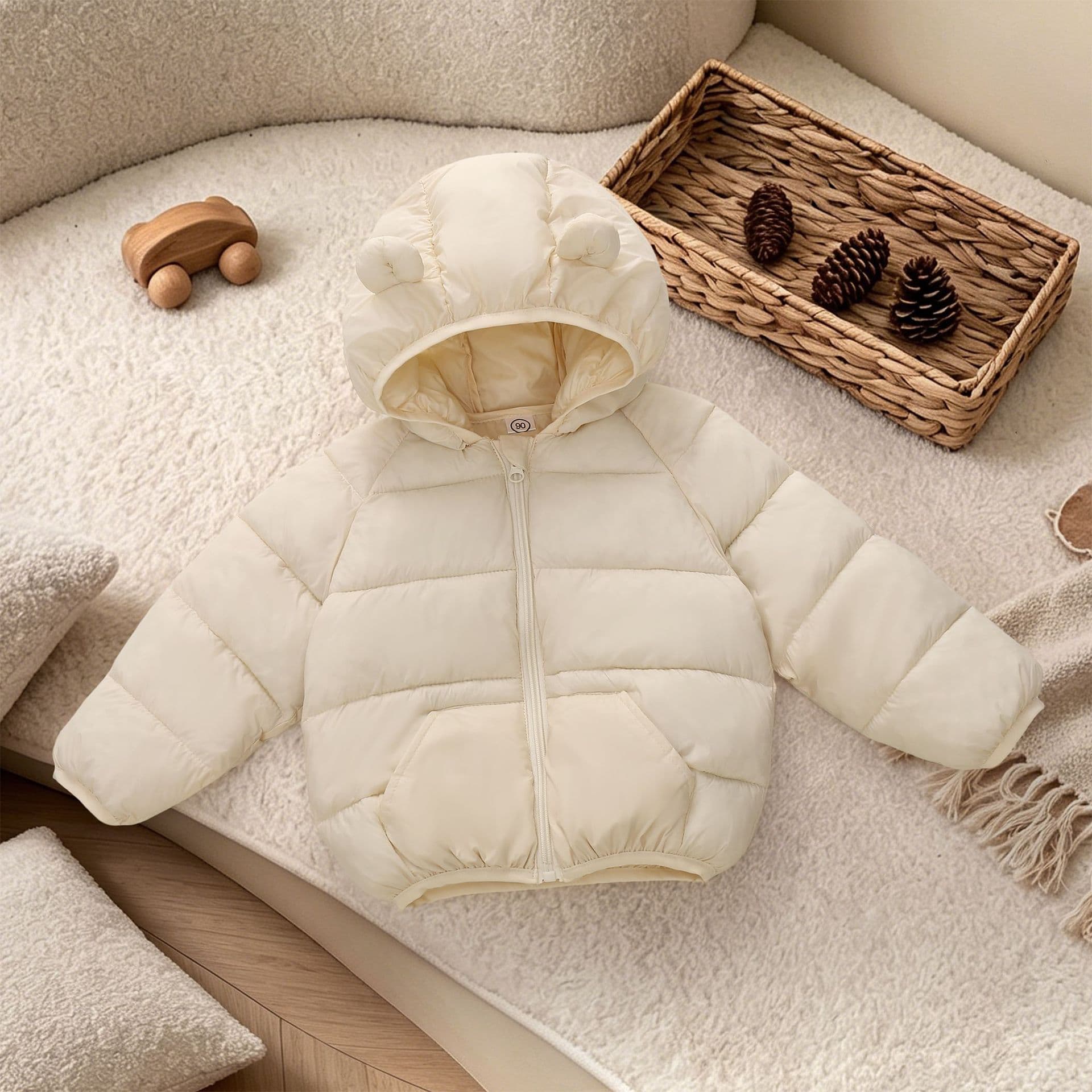 In Stock Kids Lightweight Rabbit Ear Cotton Coat Short Padded Jacket with Hood for Boys and Girls Toddler Baby Outerwear