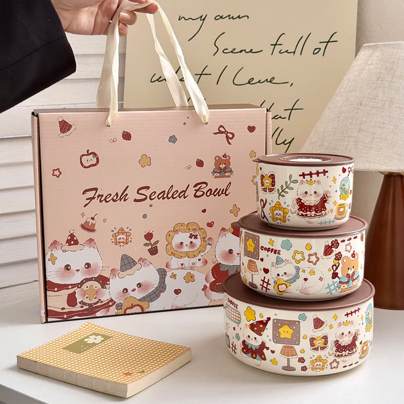 Cat Carnival Fresh Bowl Three-piece Set Sealed Covered Ceramic Rice Bowl Home Lunch Box Lunch Box Microwaveable