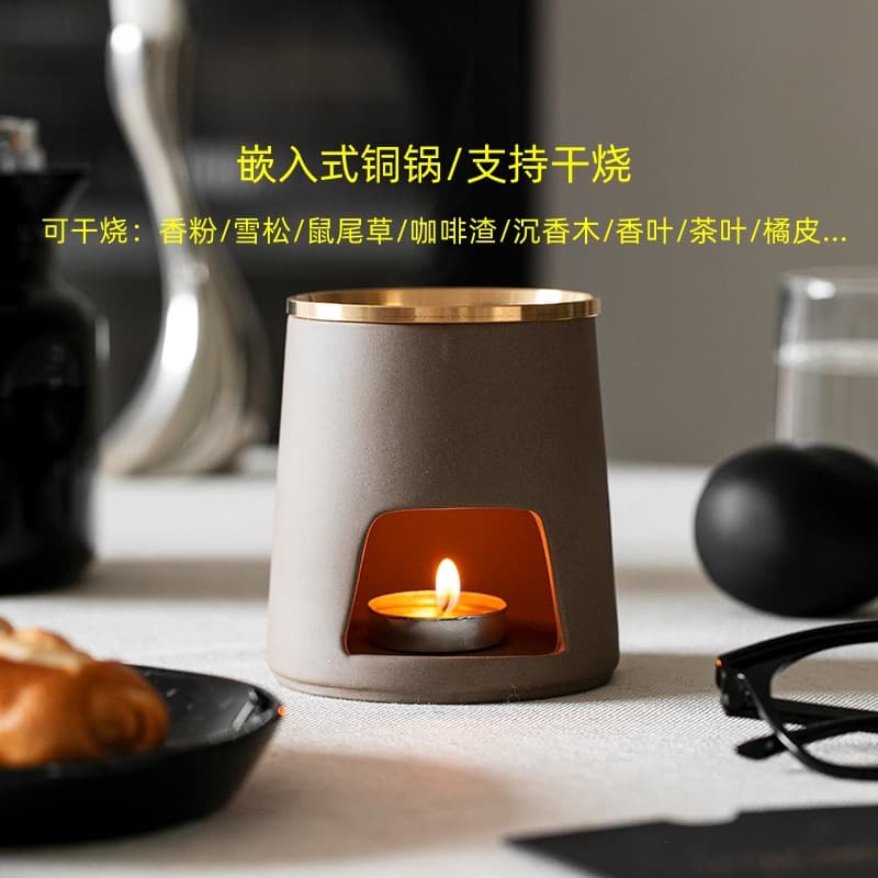 Creative Ceramic Aromatherapy Burner with Copper Pot, Dry-Burnable Incense Powder, Cedar Wax Melter, Essential Oil Heating Aromatherapy Lamp for Beauty Salon