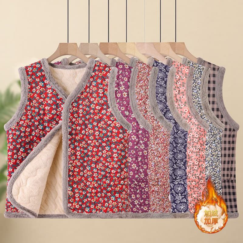 Middle-Aged Mom Wear Floral Print Casual Versatile Vest, Grandma Fleece-Lined Vest Women's Thick Warm Sleeveless Cold-Proof Waistcoat
