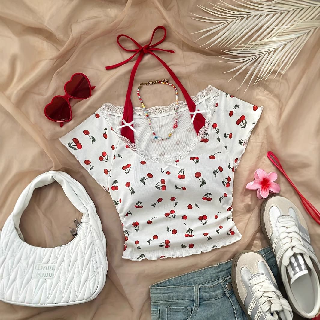 New European and American cross-border Hong Kong style vintage pleated handbag, ins niche design, stylish V-neck cherry top