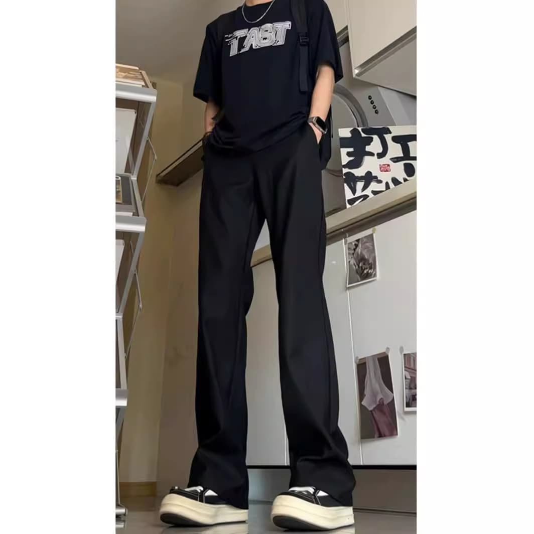 Black High Waist Straight Leg Men's Summer Slimming Pants Cleanfit Vibe Loose Fit Long Trousers Polyester Fiber No Belt
