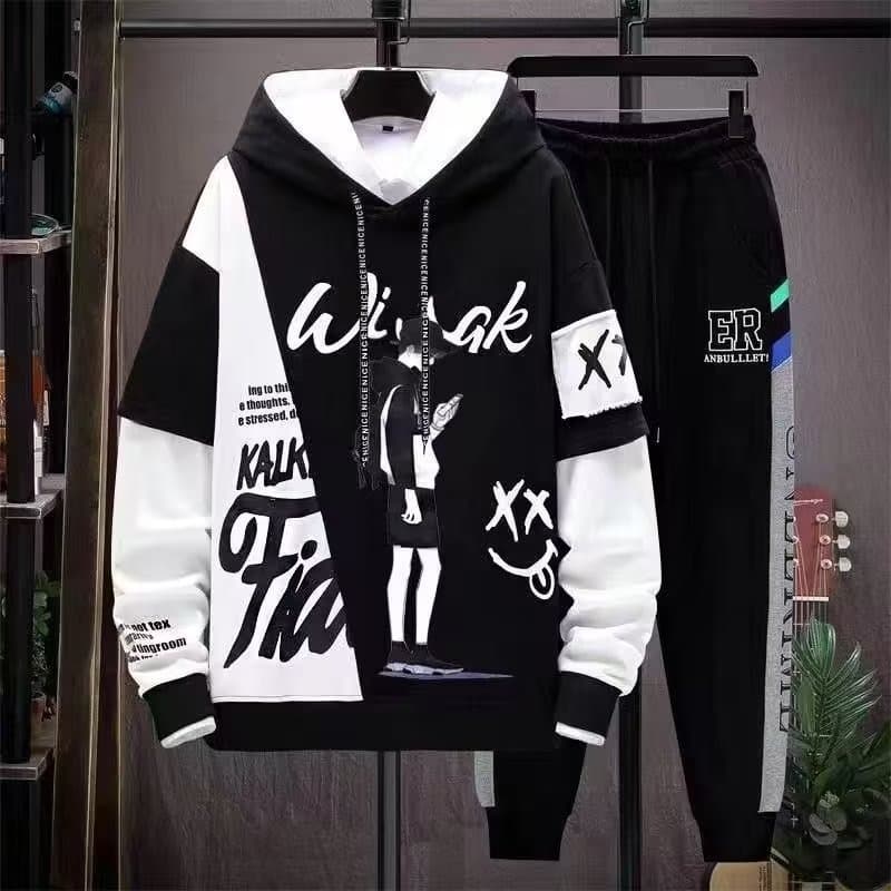 Color-block Lace-up Hoodie Streetwear Trendy Men's Faux Two-layer Long-sleeve T-shirt 2025 Spring-Autumn New Set