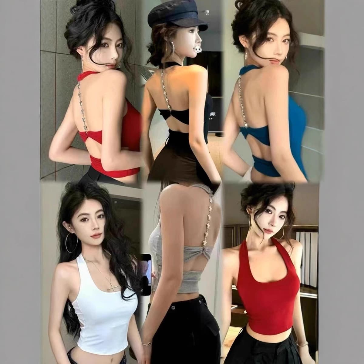 2026 Summer New Style Pure Desire Halter Back Diamond Chain Backless Short Sleeve Design Vest Top with Breast Pad Inside