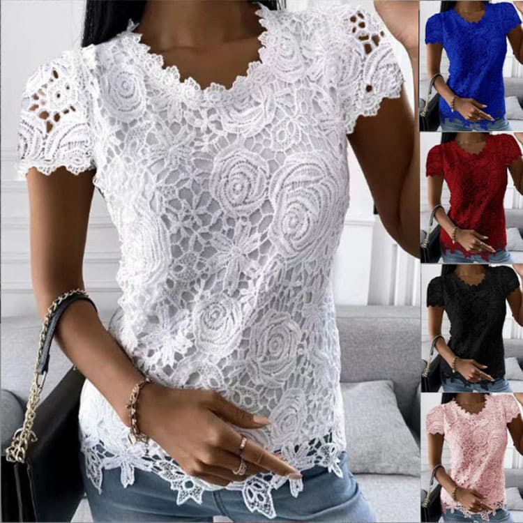 Independent Amazon website 2026 Summer New Women's Clothing European and American Cross-border Foreign Trade New Lace Shirt Short-sleeved Top