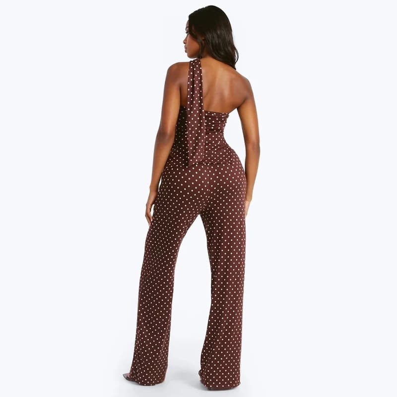 Q26ST133 European and American Women's Fall New Arrival Casual Sleeveless Necklace Polka Dot Print Top Fitted Long Pants Set