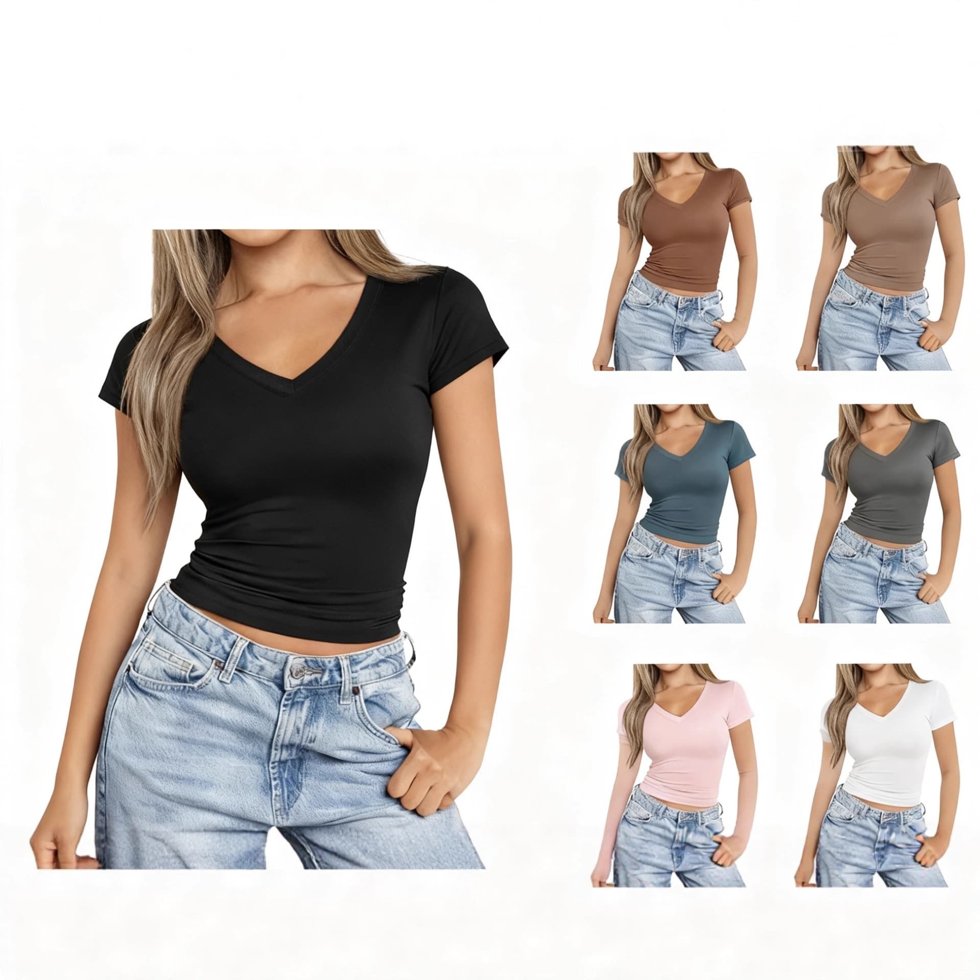 European and American Cross-Border Women's V-Neck T-Shirt, Slim-Fit Short-Sleeve Top, Fashionable and Figure-Flattering, Milk Silk Solid Color Base Shirt for Women