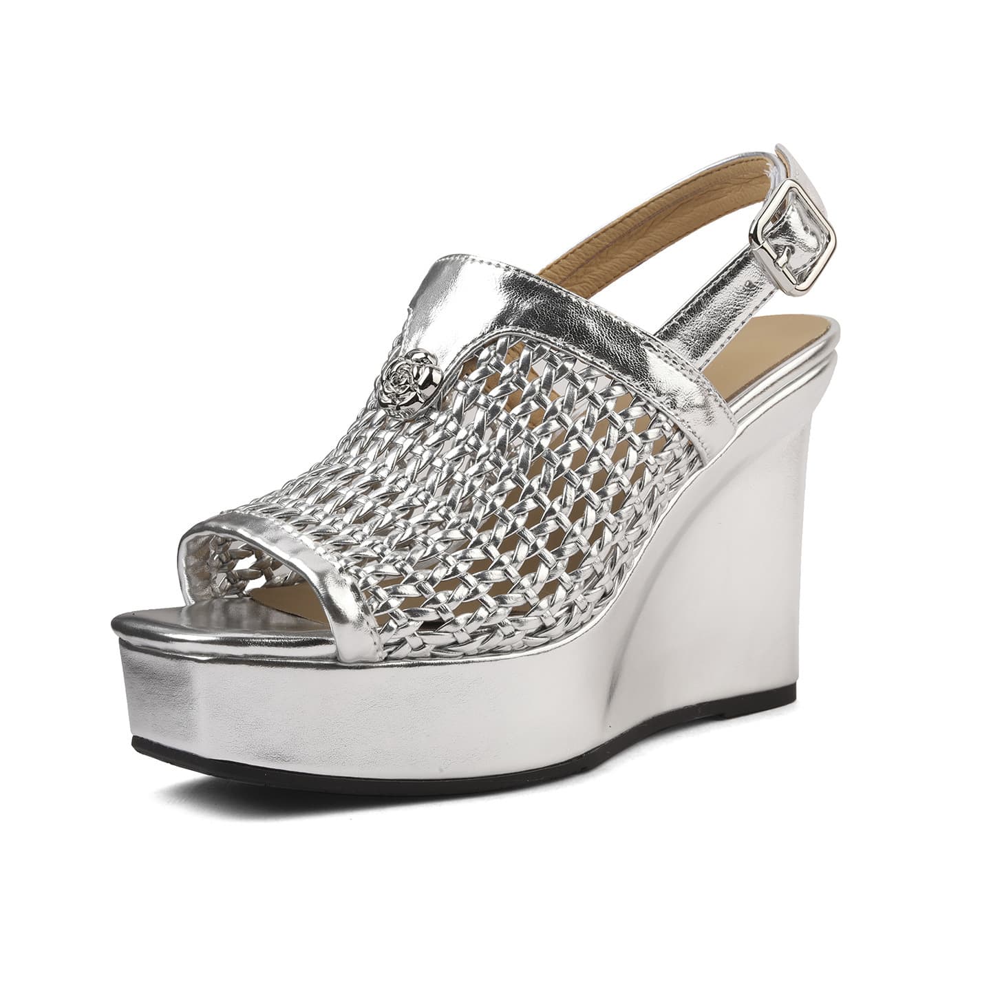 European-American Style Silver Cowhide Thick Sole Sandals, Fish Mouth Toe, Square Toe Cut-out, Single Buckle Strap Wedge Heel Sandals, Beach Sandals Plus Size