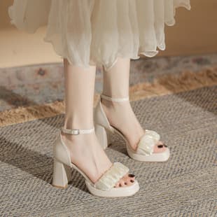 8.5cm Chunky Heel Sandals 2026 New Summer Pearl Style French One-Strap Comfortable Small High Heels for Dresses