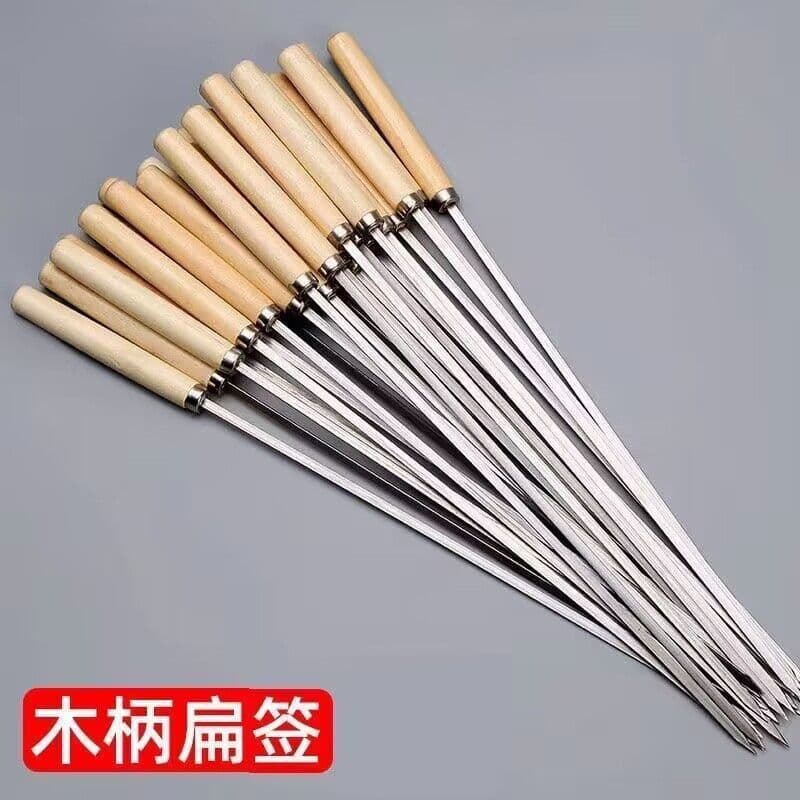 Stainless steel lamb kebab skewers with wooden handles, commercial skewers for grilling, barbecue tools and supplies