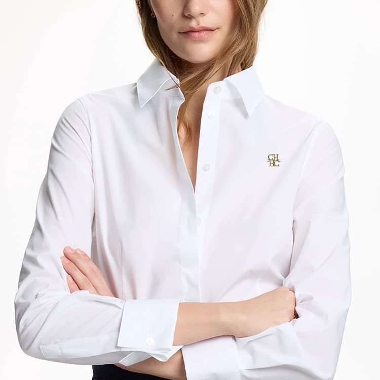 CHHC New Cross-Border White Long-Sleeve Professional Shirt, Turn-Down Collar, Slim Fit, Commuter Style, Gold Simple Logo Commuter Wear