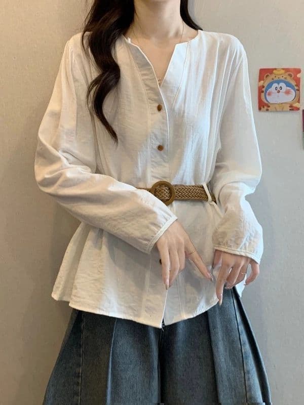 French Elegant Light Blue Long-Sleeve Shirt for Women, 2025 Autumn Plus Size Waist-Cinching Belly-Hiding Beautiful Top