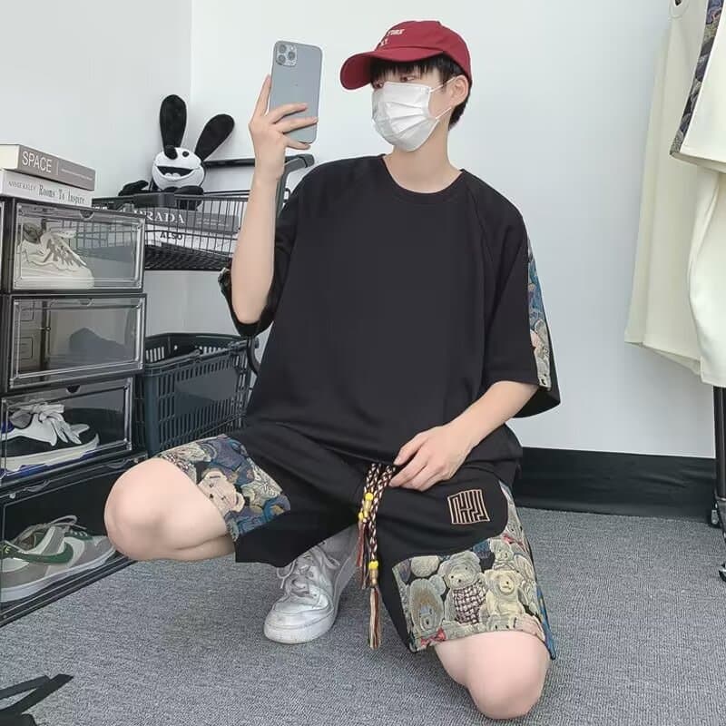 Summer Fashion Loose Men's Short Sleeve T-Shirt Shorts Set Stylish Sporty Casual Cotton Polyester Blend Male Leisure Outfit