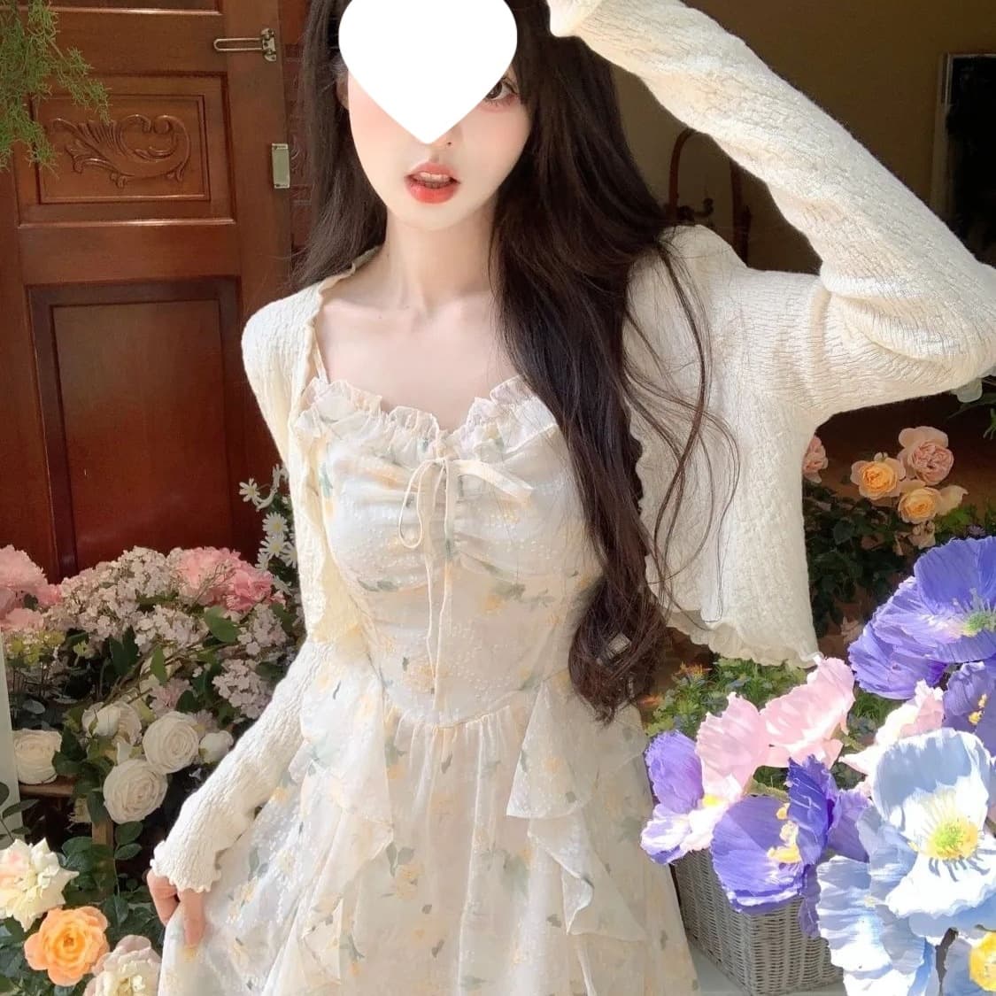 Sweet and spicy chiffon ruffled floral print camisole dress set for women, summer thin sun protection cardigan with waist-cinching long skirt