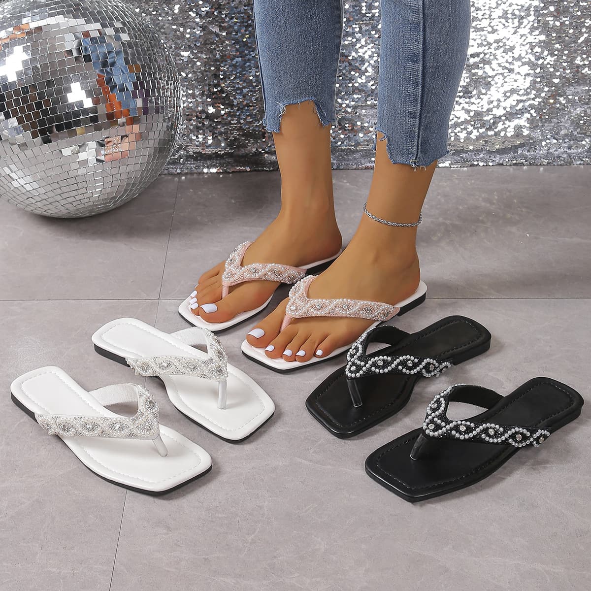 French Fashion Rhinestone Toe-Post Flip Flops for Women, Square-Toe One-Band Casual Beach Sandals