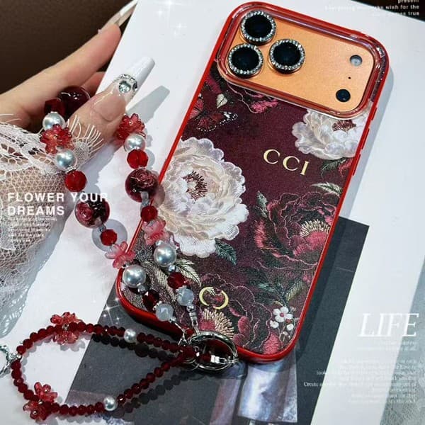 Brand Chinese Red Apple iPhone 17 Pro Max Phone Case Hand Strap Pearl 16/15/14/13 Full Coverage Soft Case Shockproof