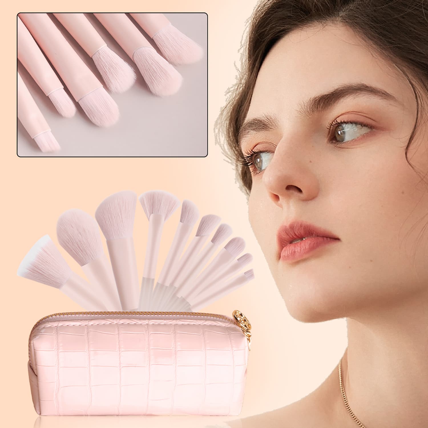 Crocodile Pattern Storage Bag 10-Piece Makeup Brush Set, Powder Brush, Eyeshadow Brush, Detail Brush, Nose Shadow Brush Full Set