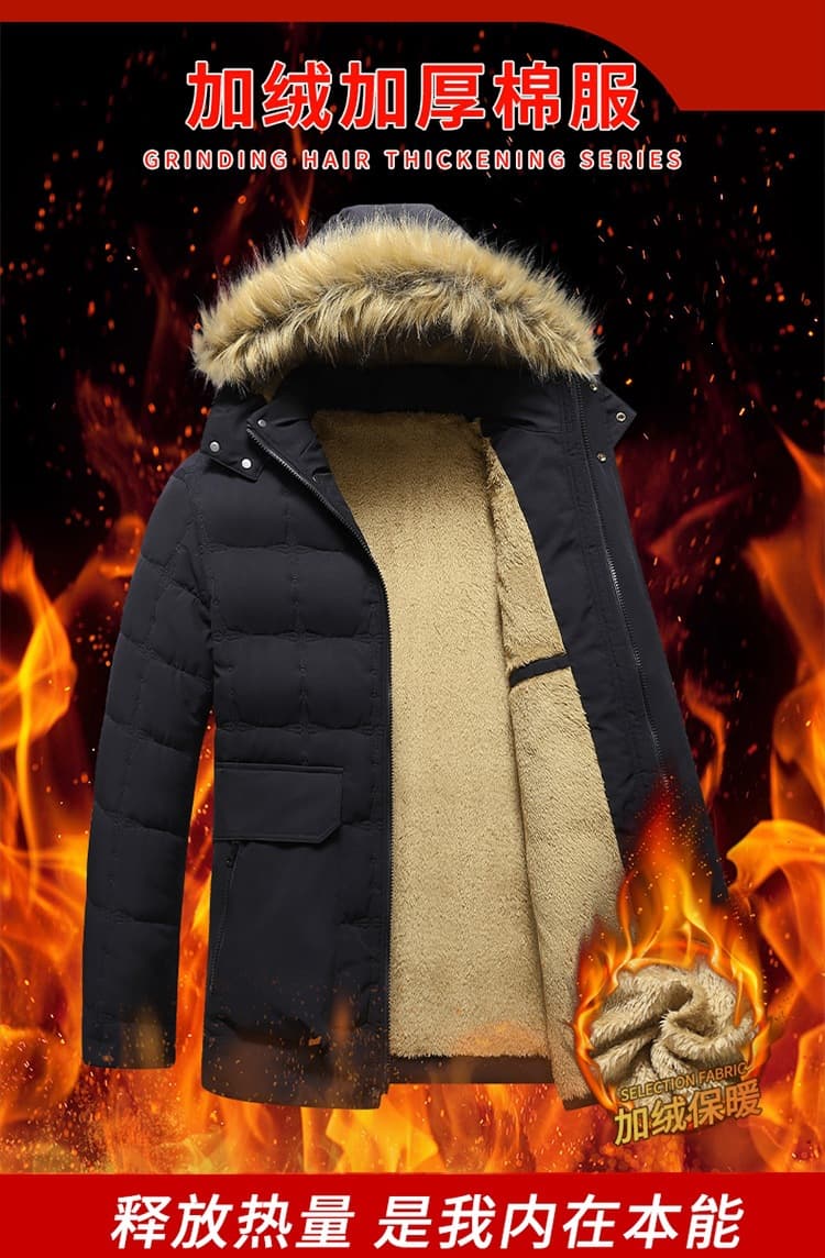 Large size coat, middle-aged and elderly cotton-padded jacket, men's winter cotton-padded coat, velvet thickening, men's warm dad winter jacket hooded