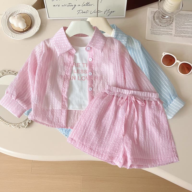 Girls' Outfit Set Lightweight 2026 Summer New Stylish Baby Girl Vertical Striped Long-Sleeve Sun Protection Jacket and Shorts 3-Piece Set