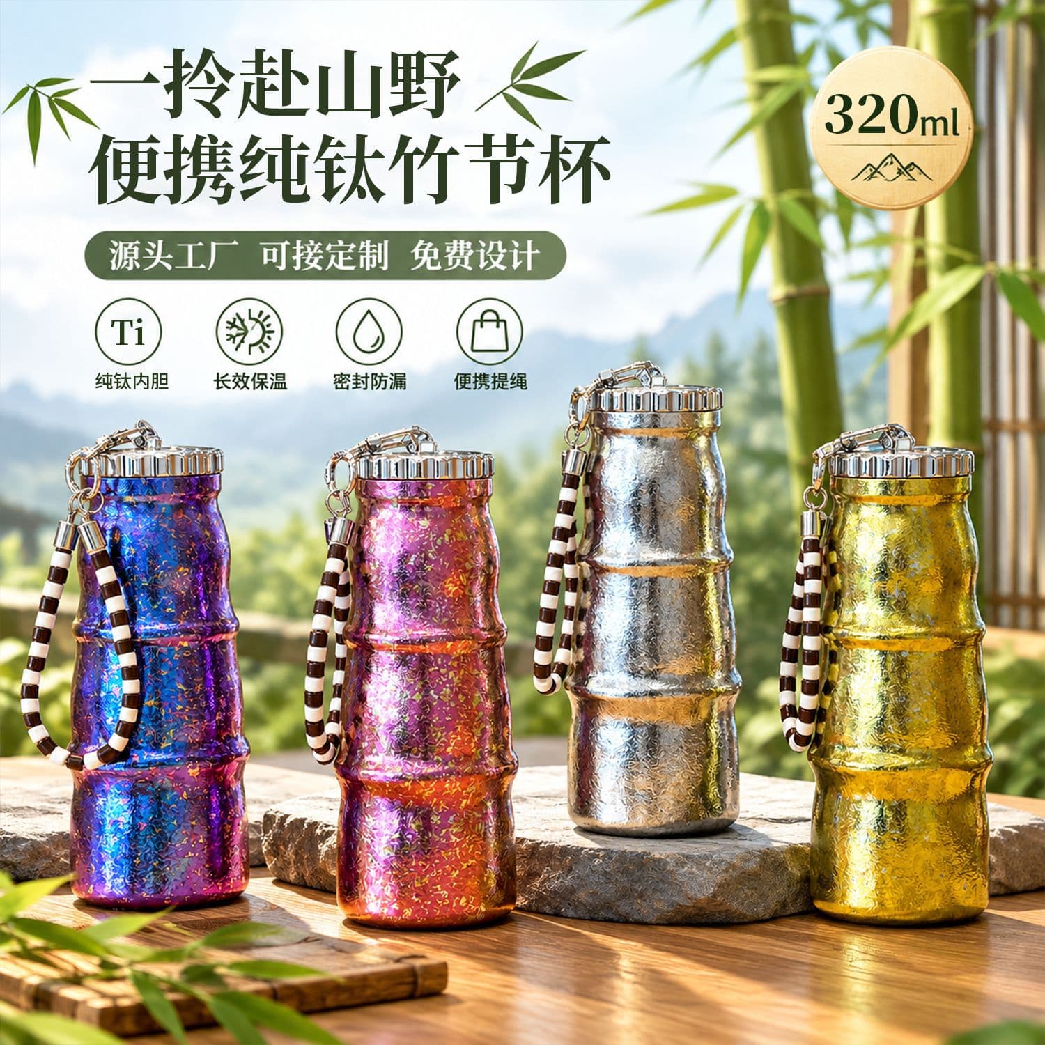 New Pure Titanium Bamboo-Joint Insulated Cup, High-Appearance Light Luxury Aesthetic Water Bottle, Compact and Portable with Lanyard, Business Gift Titanium Cup