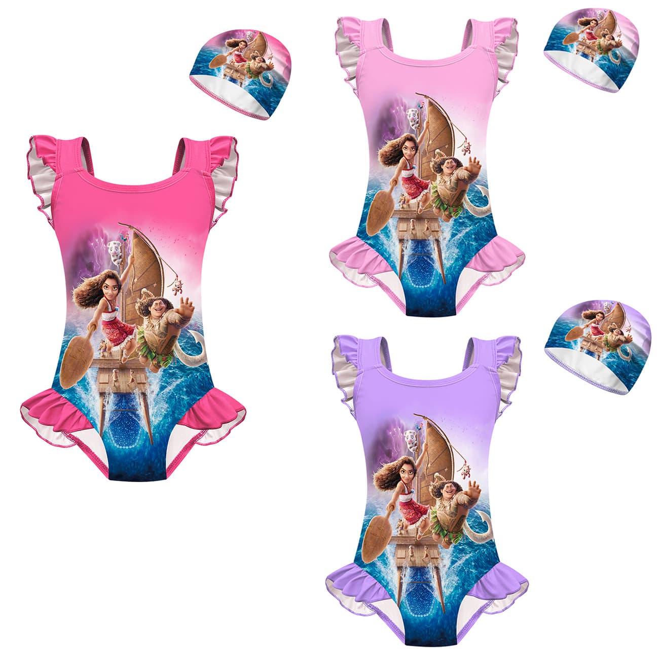 New children's one-piece swimsuit Moana 2 Girls' one-piece ruffled swimsuit swim cap two-piece set 20550