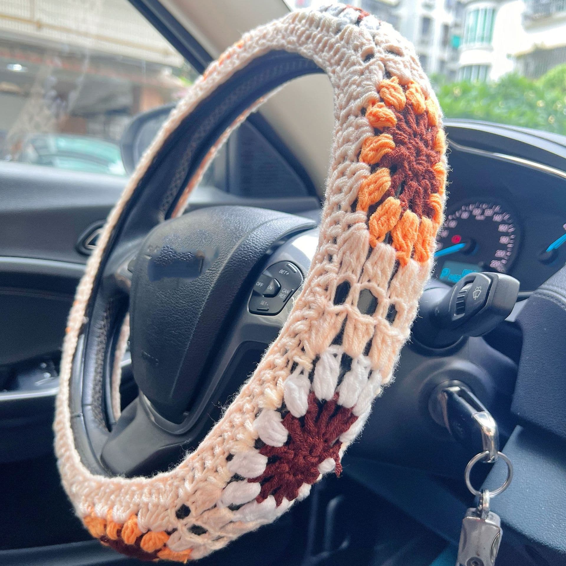 Handmade Crocheted Steering Wheel Protective Cover Women's Flower Car Interior Seat Belt Cover Three-piece Set Wholesale in Stock