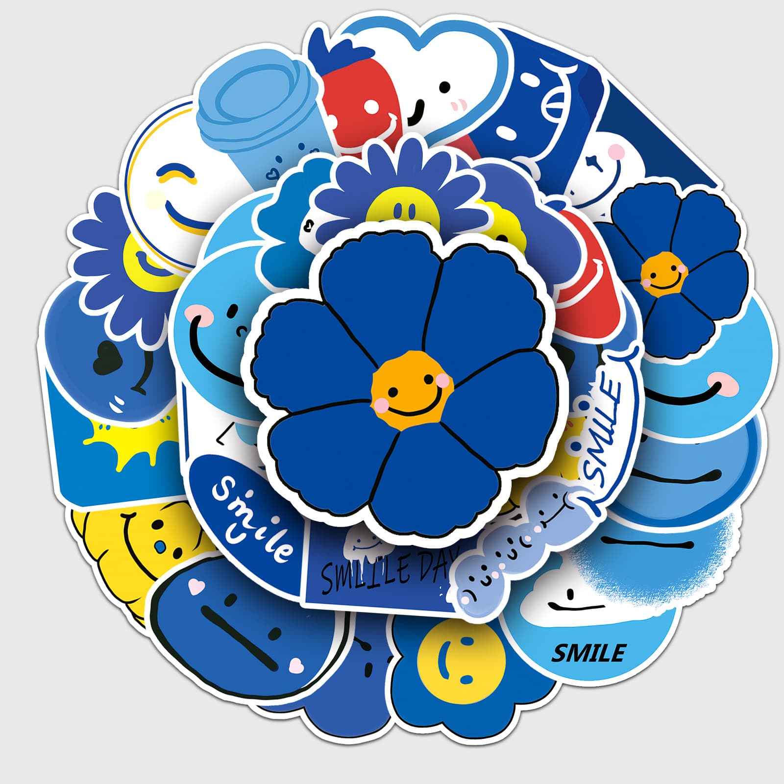 50 Blue Smiley Face Graffiti Personalized Original Cute Stickers Decorative Skateboard Luggage Sticker Waterproof