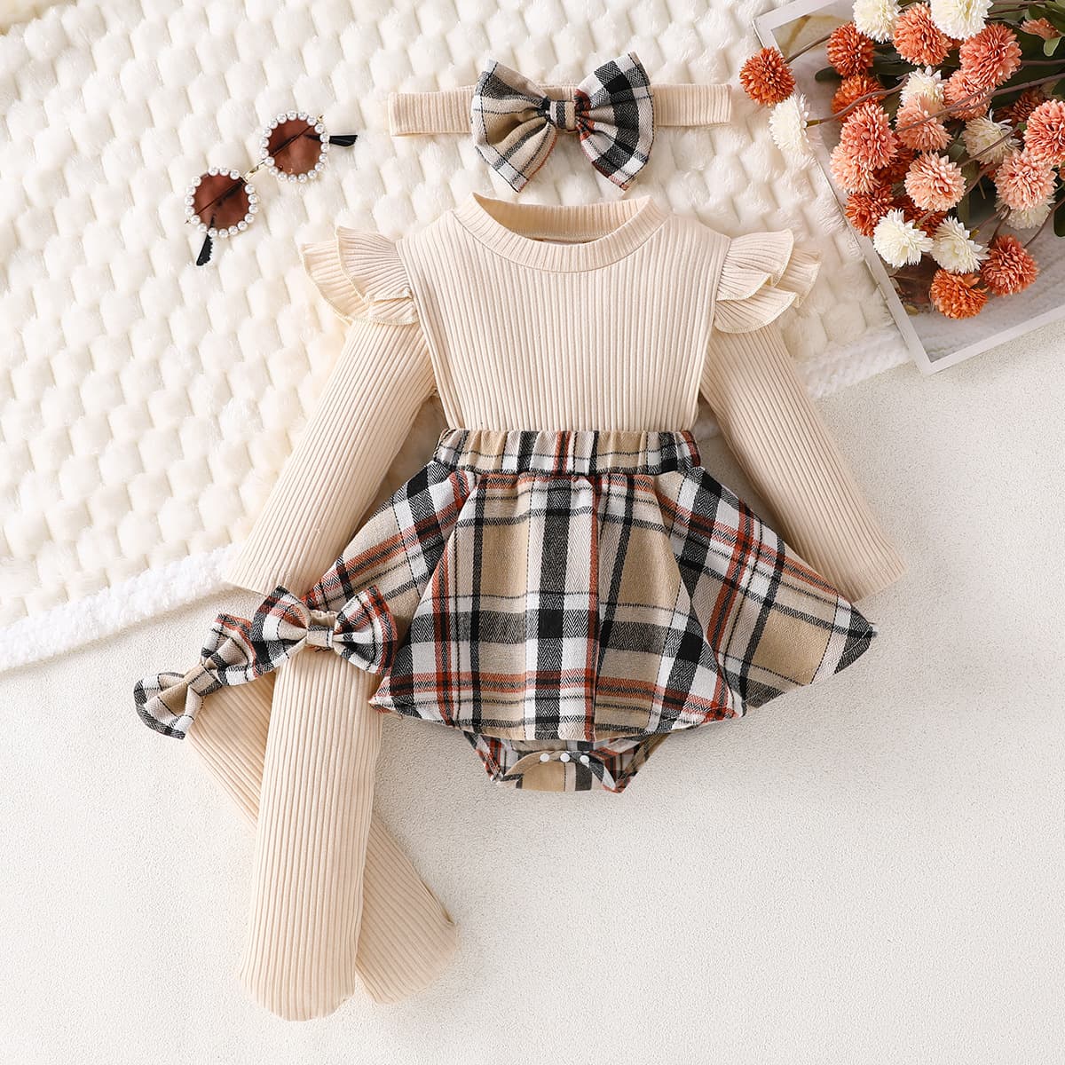 Baby Girl Fashion Set: Ruffle Ribbed Long-Sleeve Plaid Dress Bodysuit + Headband + Socks