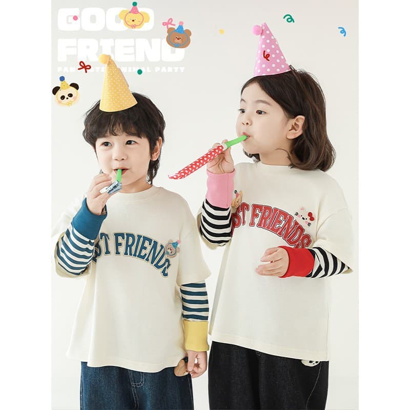 Wulibuyi Girls Cartoon Print Fake Two-piece T-Shirt Autumn Cute Animal Top Fashion