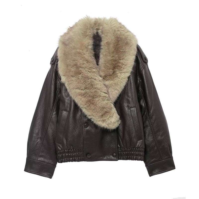 Cross-border European and American clothing AliExpress popular French fashion retro versatile fur collar leather jacket