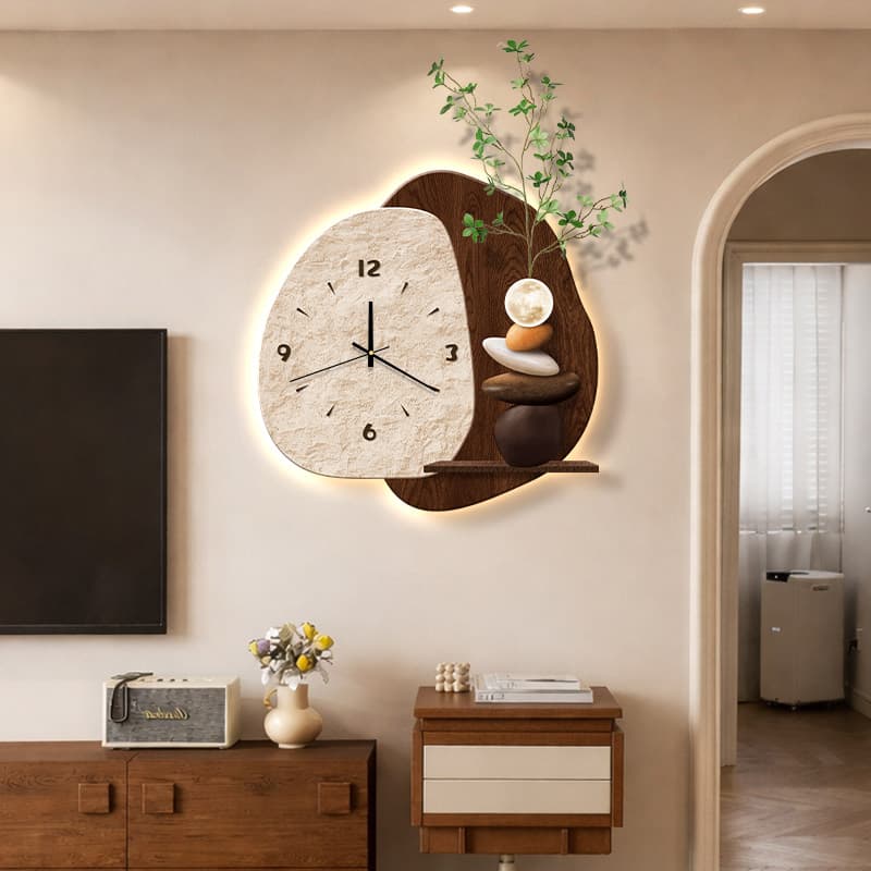 Medieval style TV background wall hanging clock stone, living room clock decoration painting, creative silent restaurant wall clock