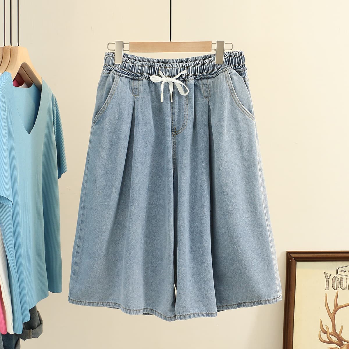 Summer New Korean Style Simple Slimming Denim Wide Leg Shorts for Plus Size Women Up to 200 lbs 5097