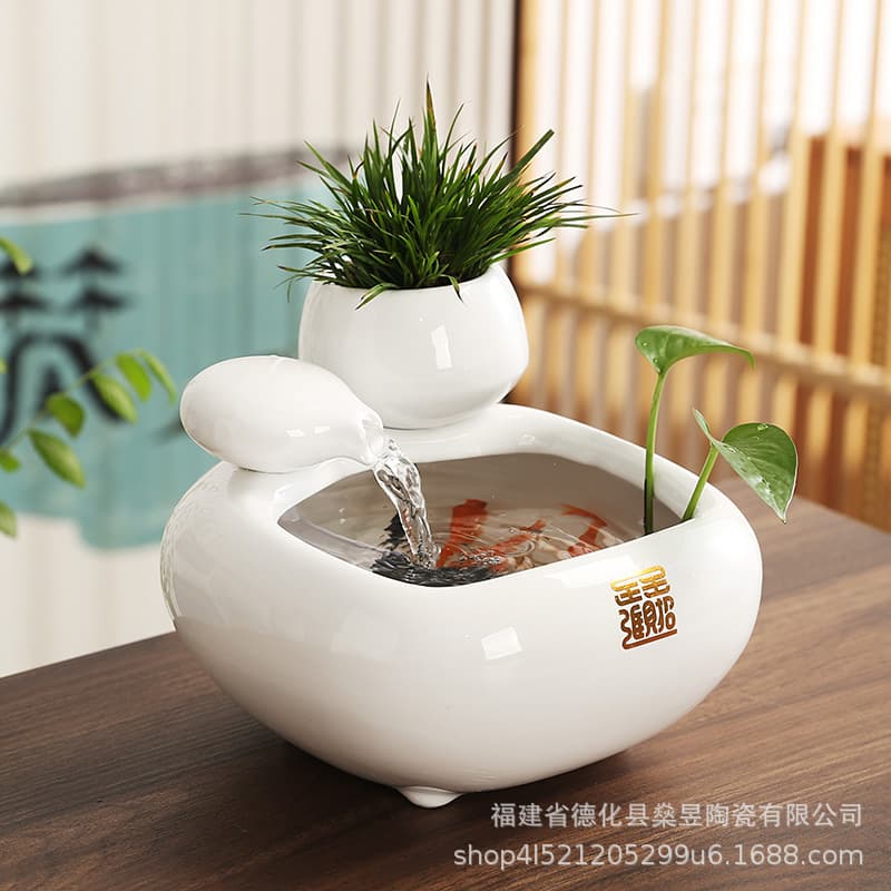 Ceramic Flowing Water Fish Tank Automatic Water Circulation Desktop Office Decoration Coffee Table Fountain Landscape Small Ornament Opening Gift