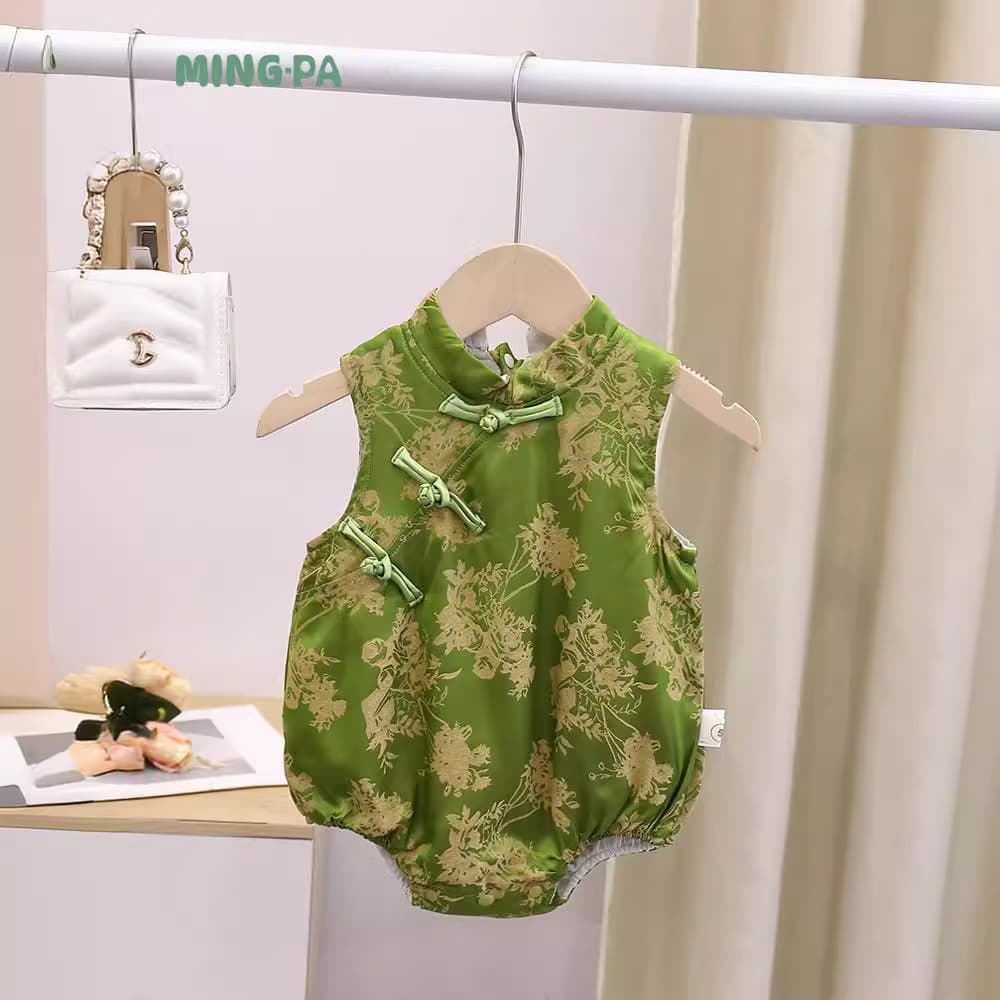 Baby Summer Onesie Baby Girl Chinese Style Diagonal Three-Button Cheongsam Hanfu Crawling Suit Diaper Bodysuit