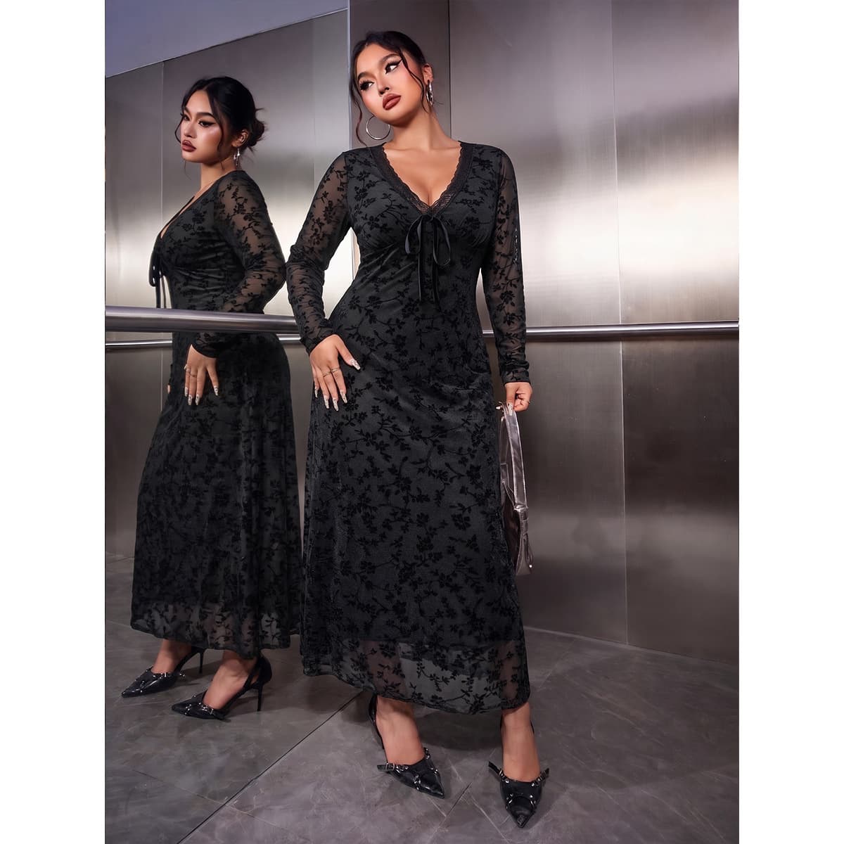 AliExpress long-sleeved dress autumn and winter banquet dress Heavy jacquard fabric mesh splicing V-neck lace-up long dress