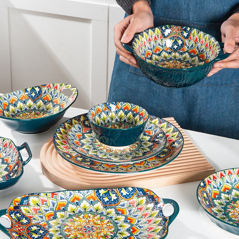Bohemian Ceramic Tableware, Billitis Bowl, Plate, and Dish Set, Luxury Hand-Painted Creative Home Rice Bowls, Soup Bowls, and Dinner Plates