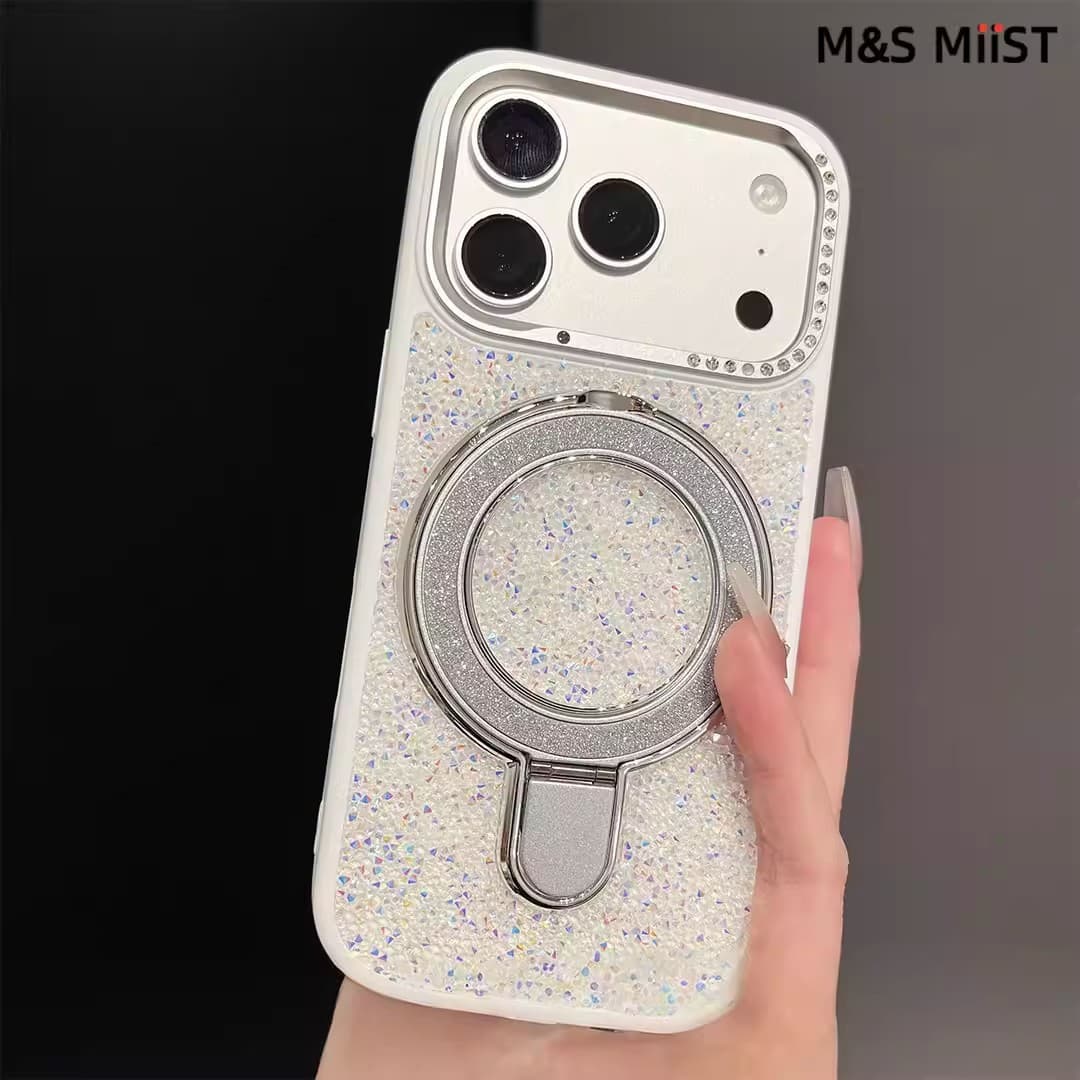 Compatible with iPhone 17 Pro Max Case New Glitter Magnetic Stand Apple 16 Metal Lens Rhinestone Case
