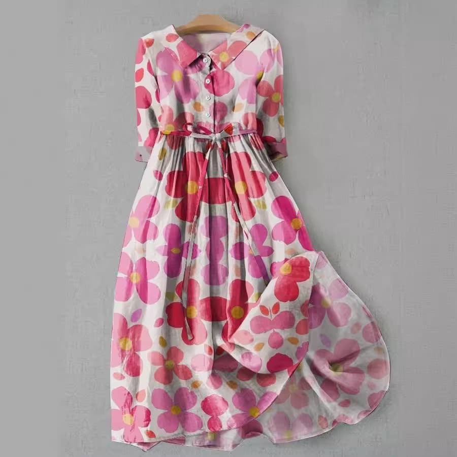 Women's Casual Long Dress with Stand Collar, Short Sleeves, and Floral Print