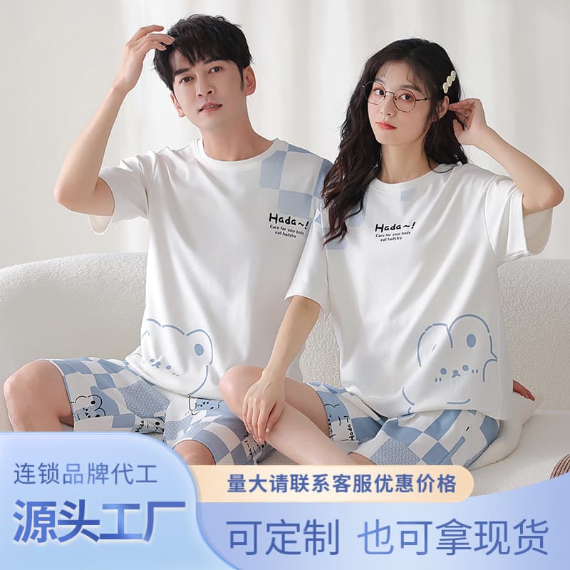 Couple's Cotton Pajamas Women's Short-Sleeve Shorts Pullover Homewear, Wearable Outside, Cotton Cartoon Loose Men's Homewear