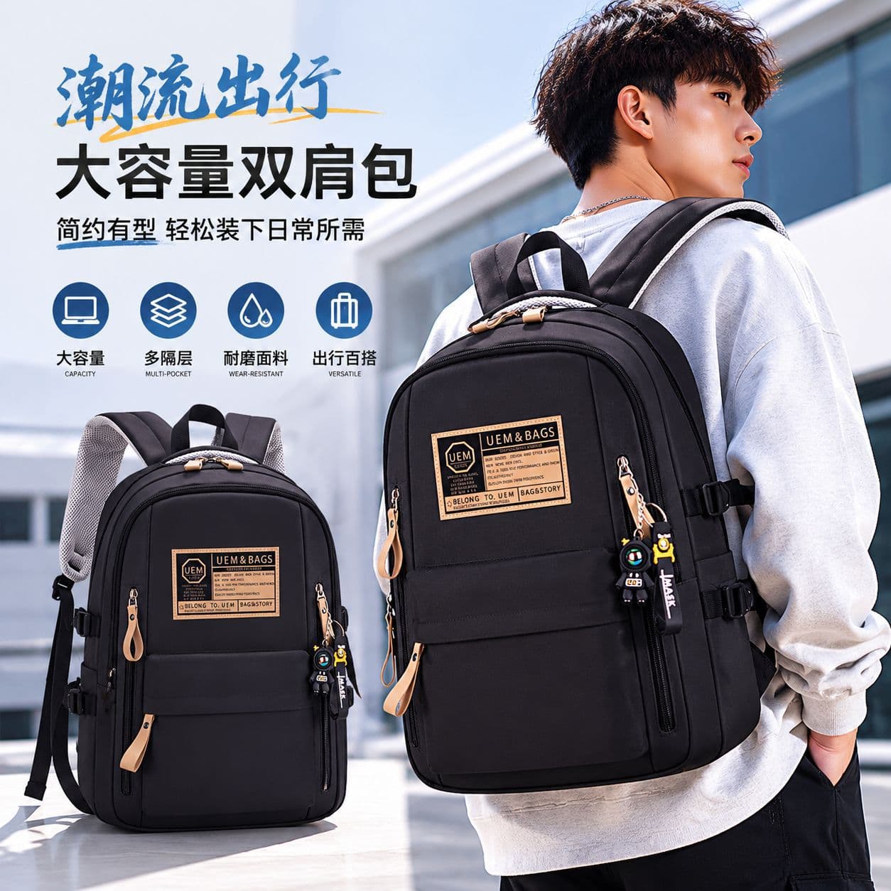 Backpack for male college students, high school students backpack, school bag, travel bag, junior high school student casual trendy backpack, female computer bag