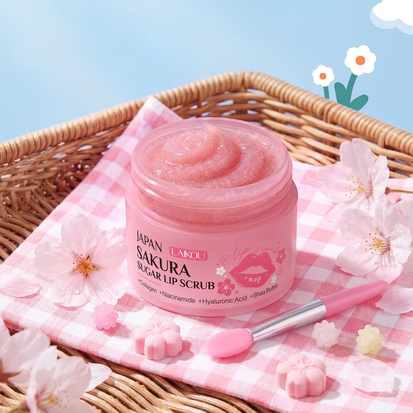Cross-border Laikou Japanese Cherry Blossom Sugar Lip Scrub 18g All-English Packaging Export Lip Scrub